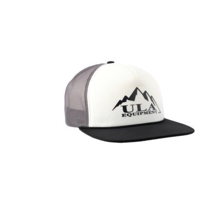 ULA Trucker Hat with white foamie front, black brim, black Mesh, and black ULA Equipment Logo.