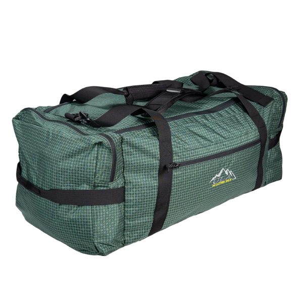 3/4 View of a ULA DLX 90L Duffle Bag in Brushed Green Robic