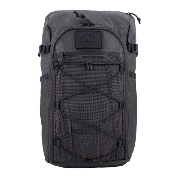 ULA ULTRA 30L Dragonfly in Black Magic: Front View with logo patch on Velcro tab