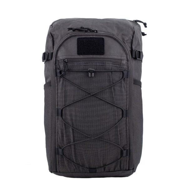 ULA ULTRA 30L Dragonfly in Black Magic: Front View with no logo patch on Velcro tab