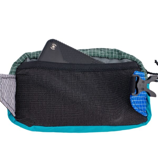 ULA Entropy Spare Tire Waist Pack: Back View Showing Phone in Hind Stretch Mesh Pocket with Elastic Top