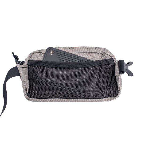 ULA ULTRA Spare Tire Waist Pack: Back View Showing Phone in Hind Stretch Mesh Pocket with Elastic Top