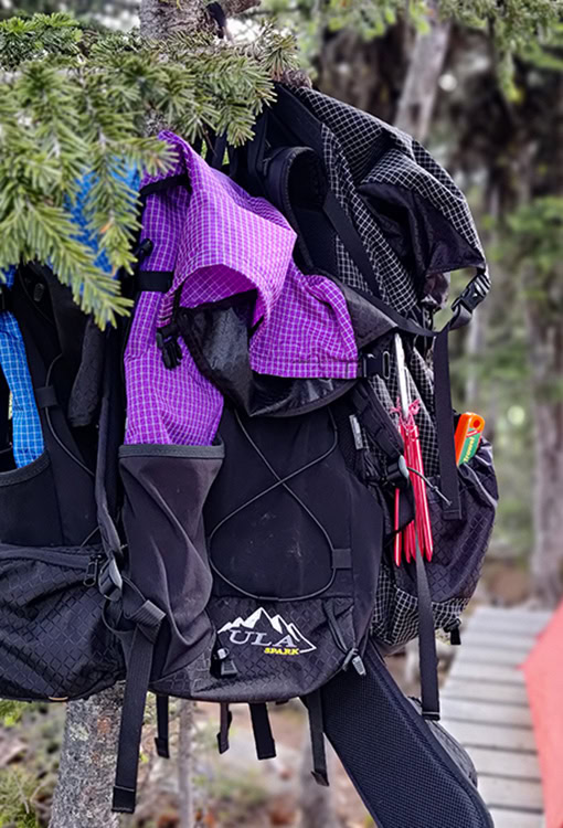 Backpacker puts a Bear Vault Bear Canister into a ULA CDT Backpack